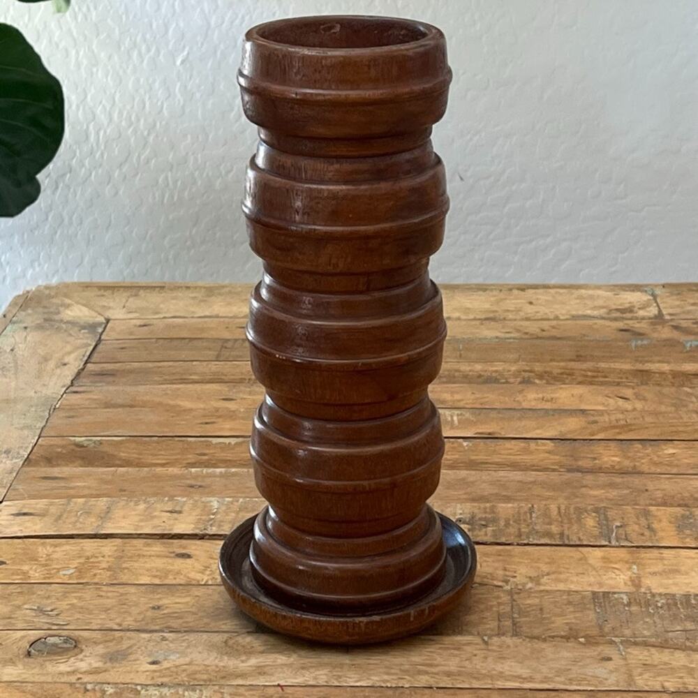 Solid Wood Candle Holder 11.5 in Stacked Ring Design Mid-Century-Modern